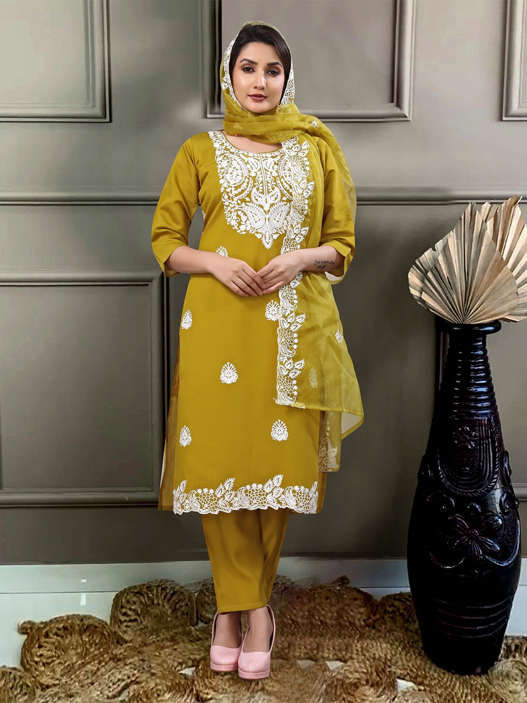 

CaniBani Embroidered Regular Chanderi Silk Straight Kurta with Trousers & Dupatta, Mustard