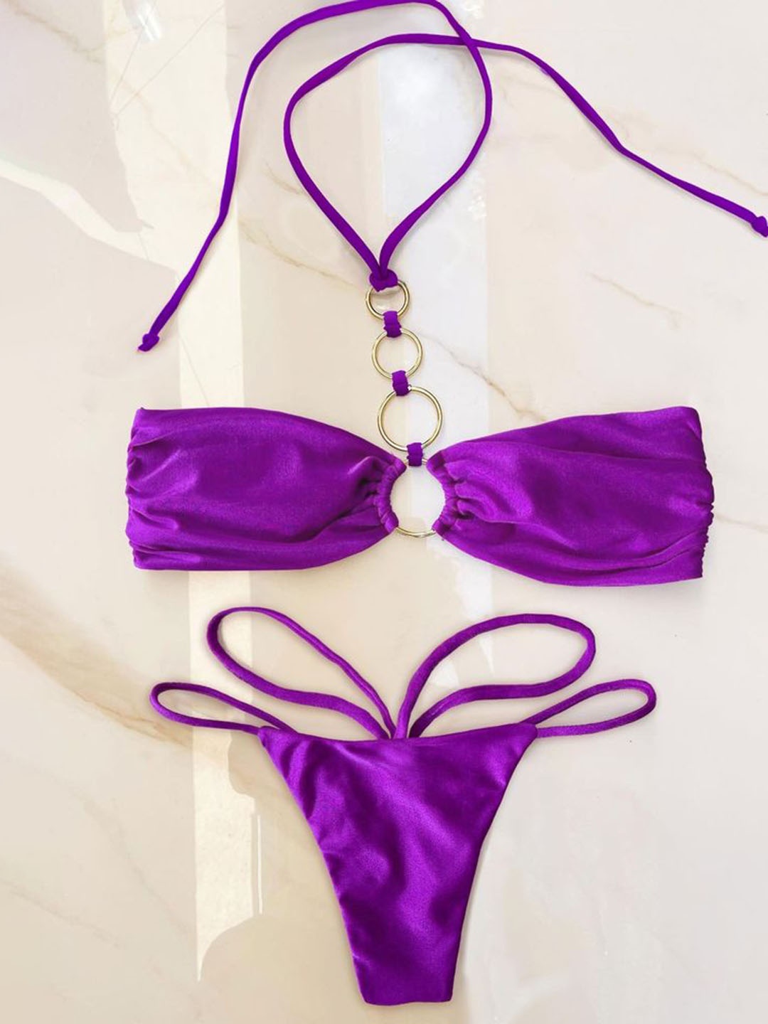

LULU & SKY Halter Bikini Top & Strappy Bottom Swim Set, Purple