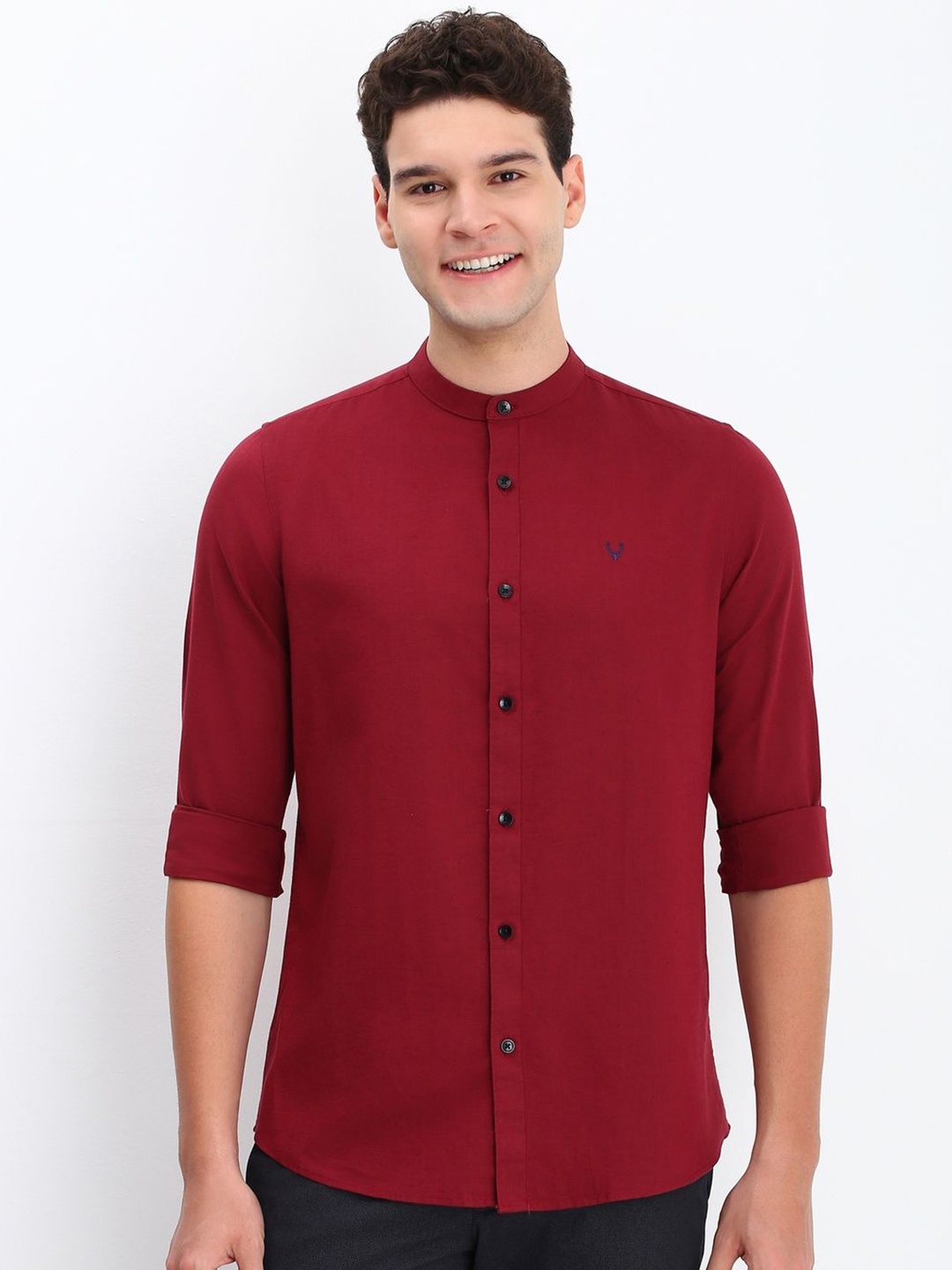 

Allen Solly Men Band Collar Solid Cotton Slim Fit Casual Shirt, Maroon