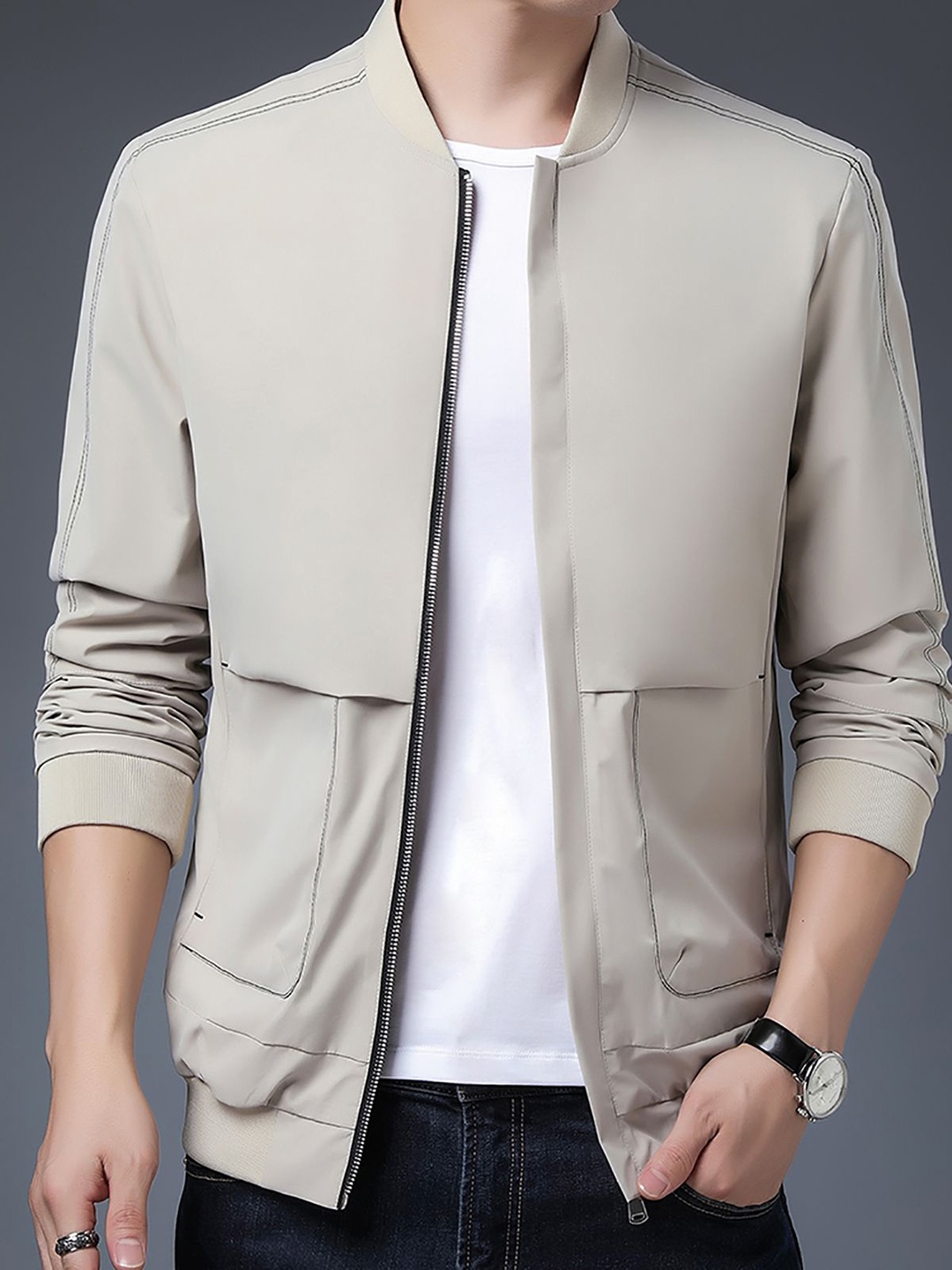 

StyleCast x Revolte Men Stand Collar Solid Casual Windcheater Jacket, Grey