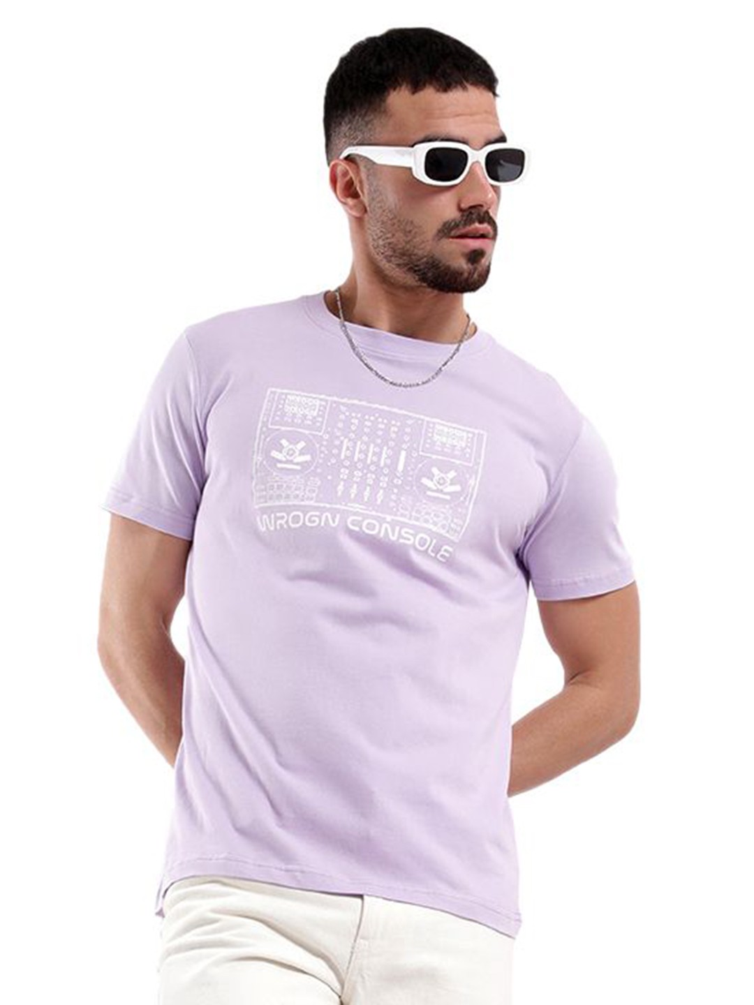 

WROGN Men Graphic Printed Round Neck Pure Cotton T-shirt, Purple