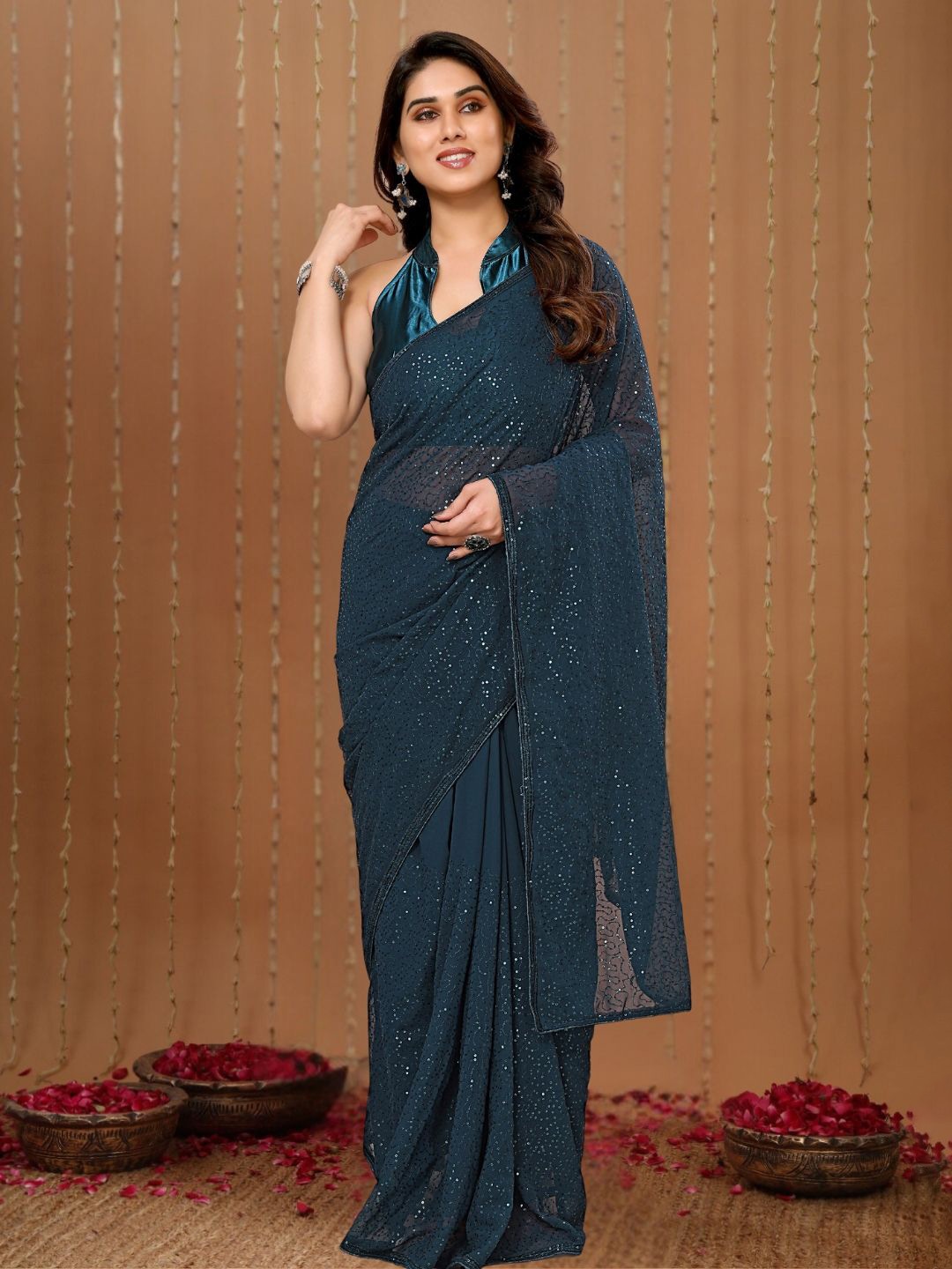 

MAGMINA Embellished Sequinned Pure Georgette Ready to Wear Saree, Teal