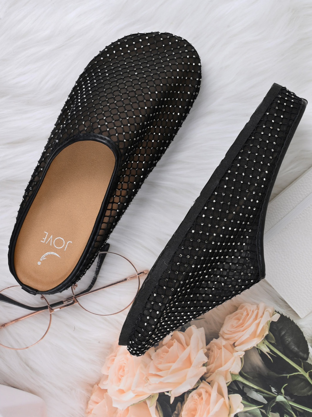 

Jove Women Embellished Mules Flats, Black