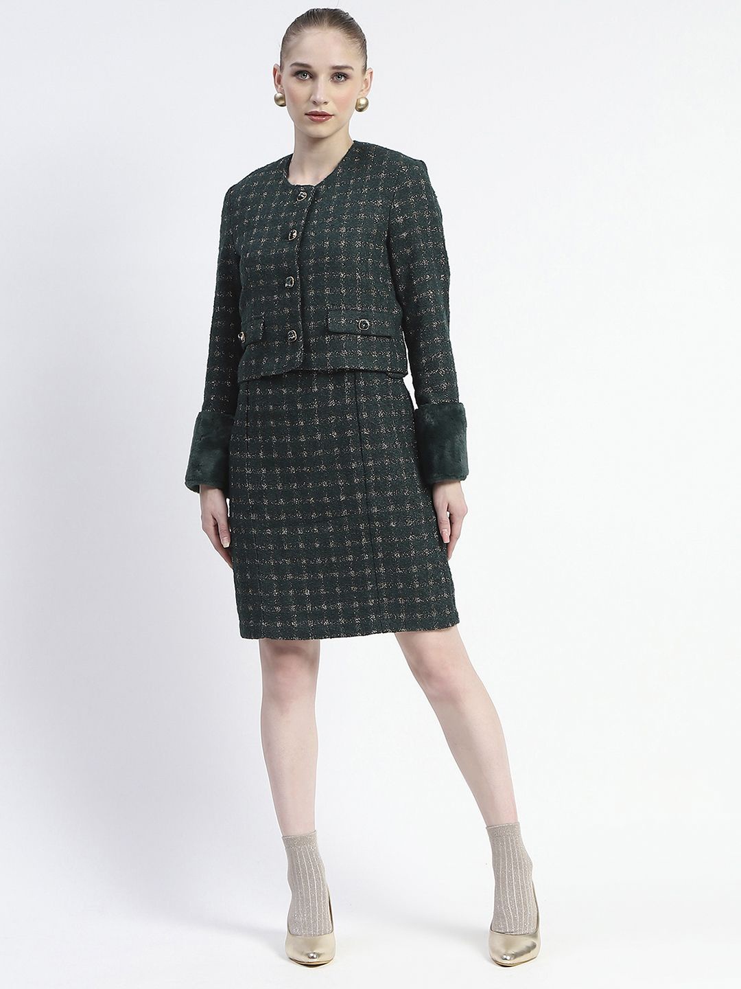 

Madame Women Checked Bodycon Dress With Jacket, Green