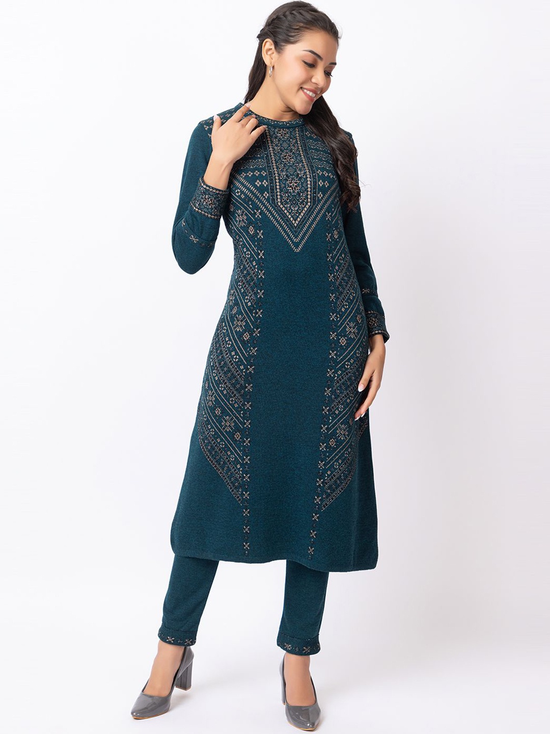 

KEIKO Ethnic Motifs Woven Design Round Neck Acrylic A-Line Kurta with Trousers, Teal