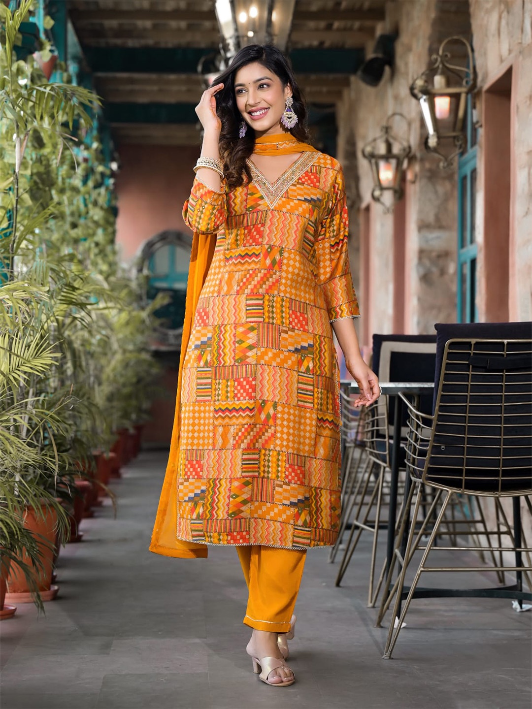 

CaniBani Ethnic Motifs Printed Thread Work Cotton Silk Straight Kurta & Trouser & Dupatta, Yellow