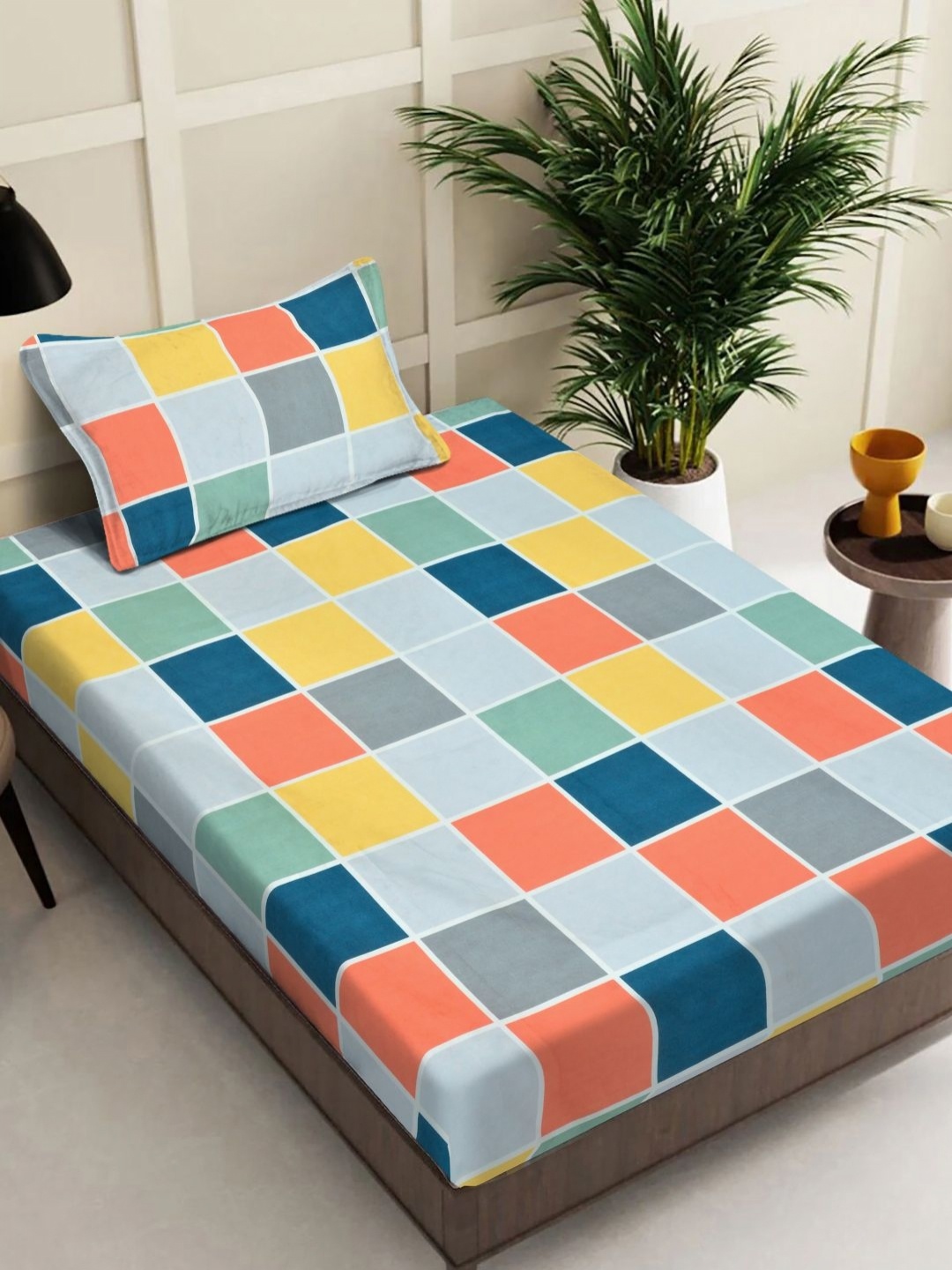 

FABINALIV Blue & Yellow Geometric 300 TC Single Bedsheet & 1 Pillow Cover 2.20 m X 1.50 m