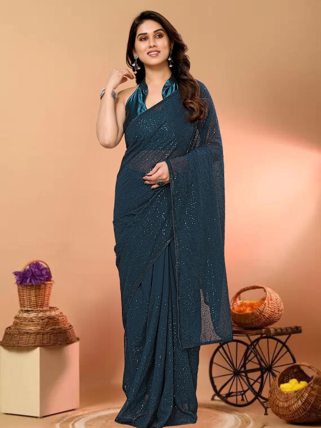 

KAZIA Women Solid Pure Georgette Ready To Wear Saree, Teal