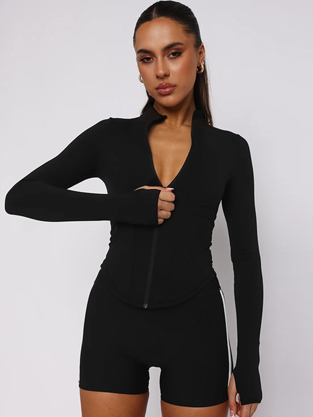 

LULU & SKY Women Solid Mock Collar Zip-through Top With Shorts Tracksuits, Black