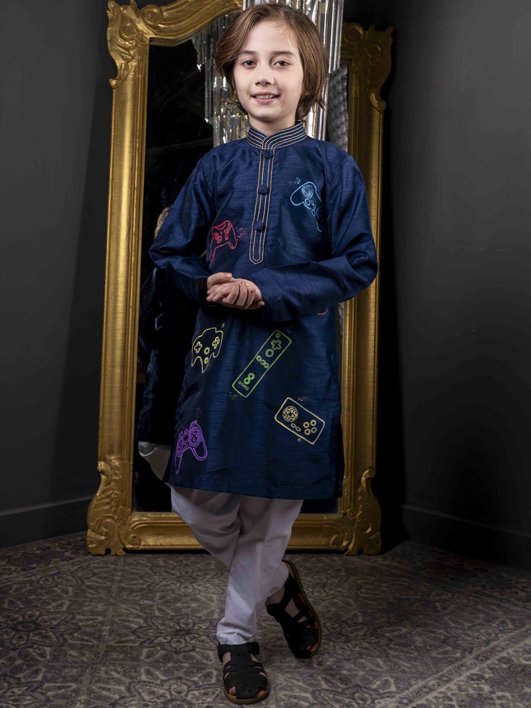 

HOITY MOPPET Boys Printed Mandarin Collar Cotton Silk Kurta With Churidar, Blue