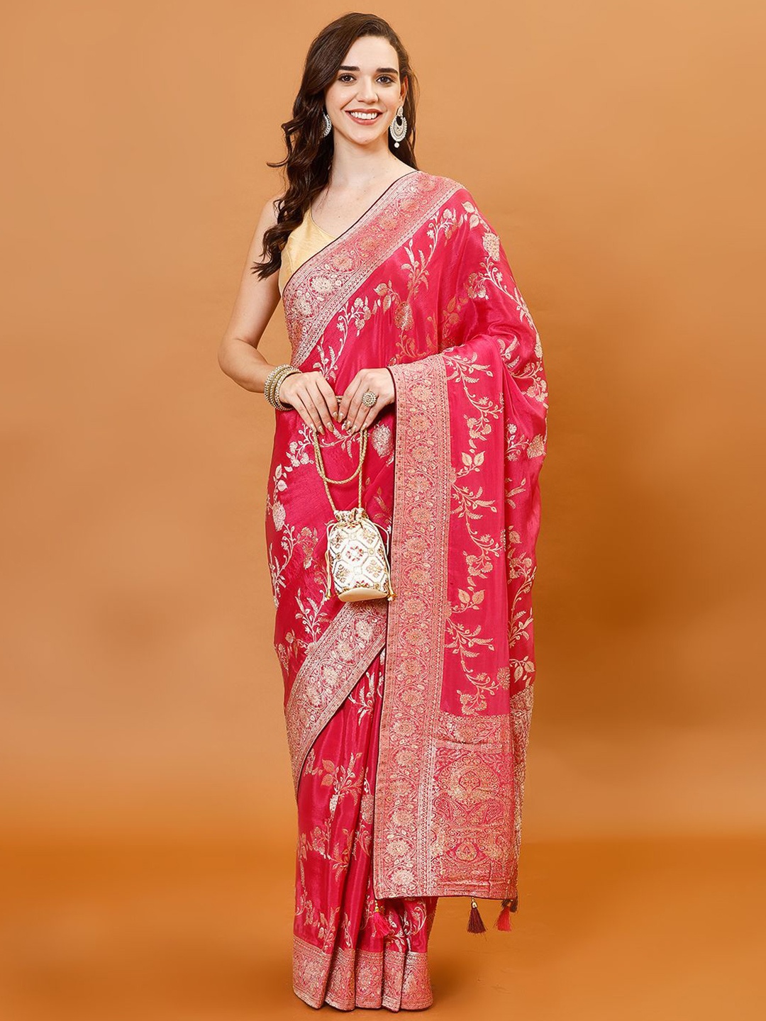 

Meena Bazaar Woven Design Zari Poly Crepe Saree with unstitched blouse pie, Pink