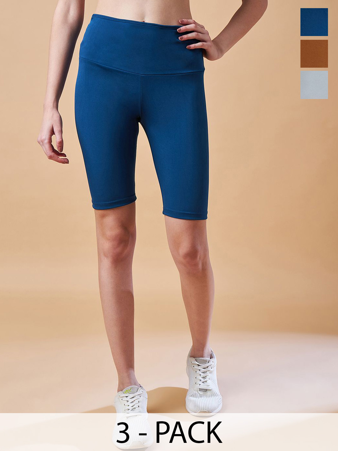 

COLOR CAPITAL Pack Of 3 Women High Rise Above-Knee Gym Tights, Blue