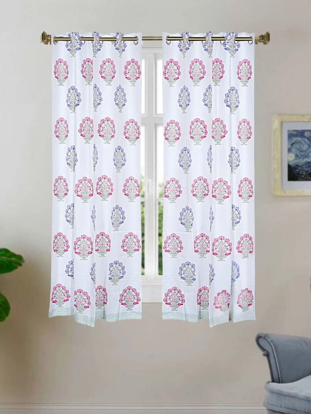 

LIVING ROOTS White 2 Pcs Ethnic Block Printed Elegant Cotton Daylight Window Curtains