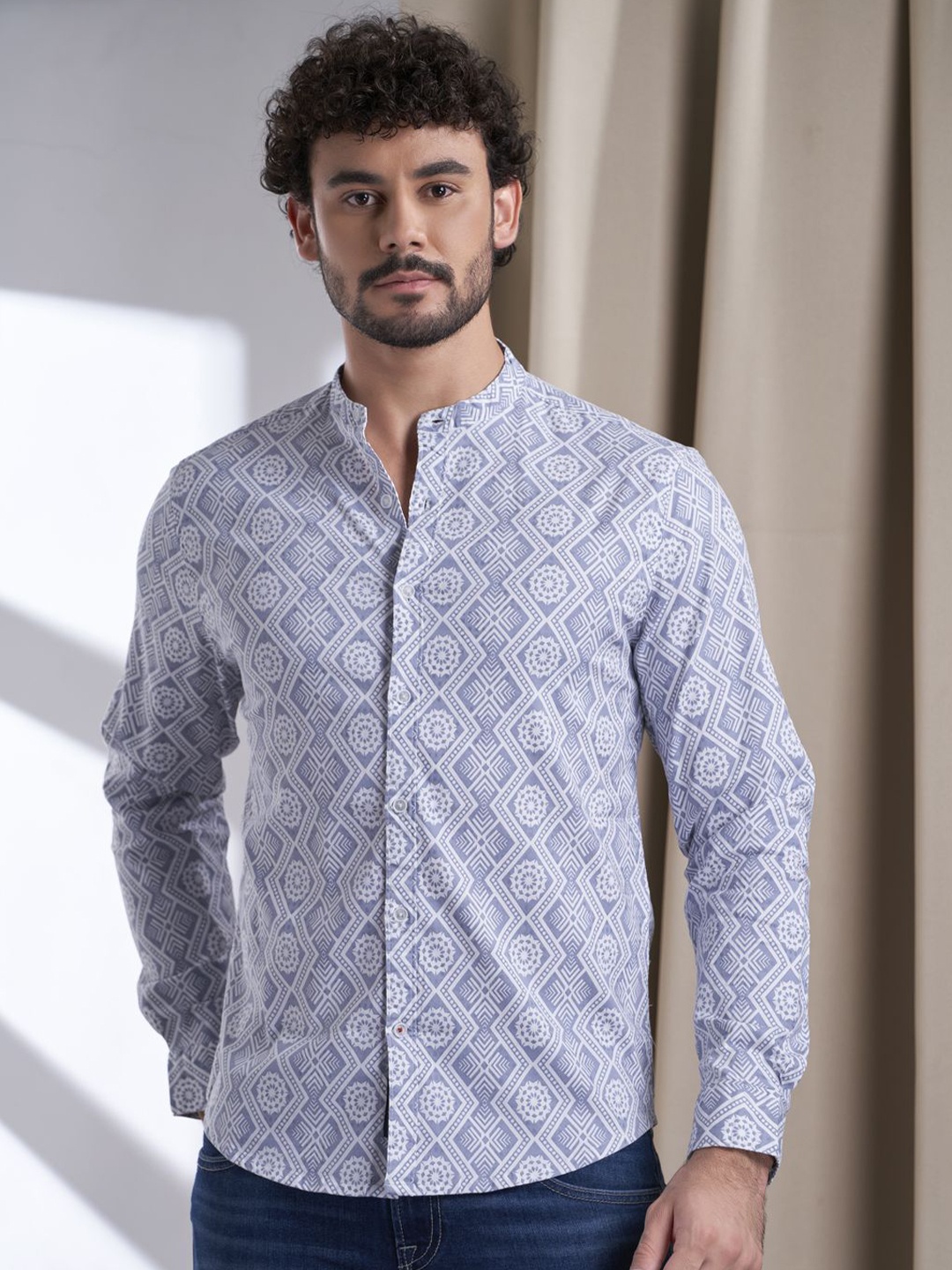 

VALEN CLUB Men India Slim Mandarin Collar Conversational Printed Cotton Casual Shirt, Blue