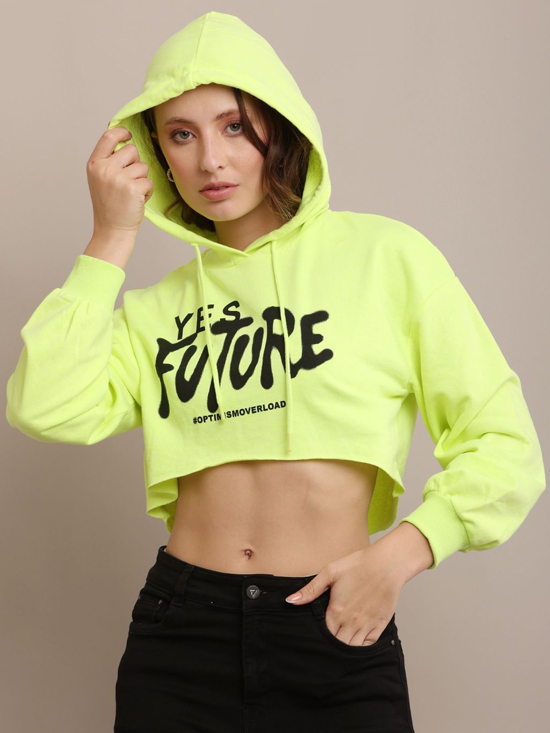 

NoBarr Women Typography Printed Hooded Cotton Sweatshirt, Lime green