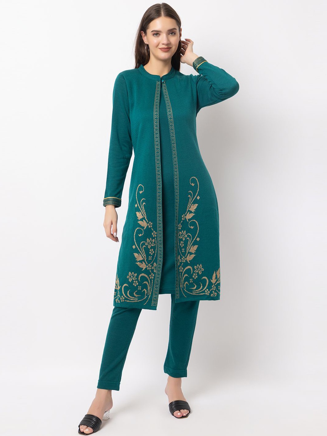 

KEIKO Ethnic Motifs Printed Mandarin Collar Straight Kurta with Trousers, Green