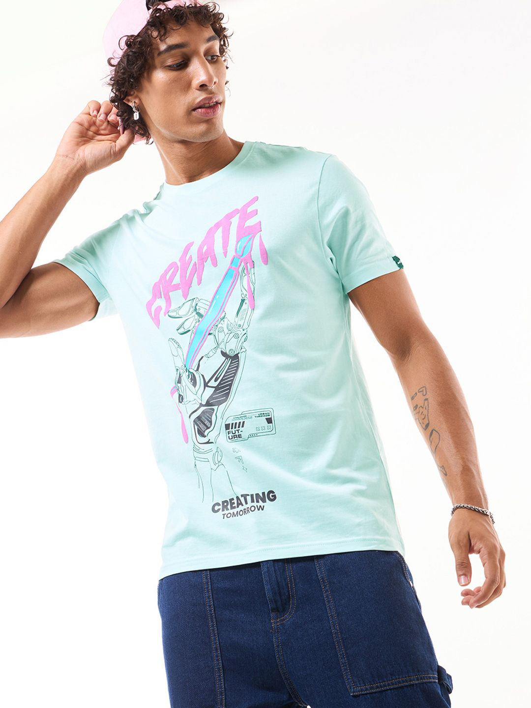 

Bewakoof Men Graphic Printed Round Neck Cotton T-shirt, Blue