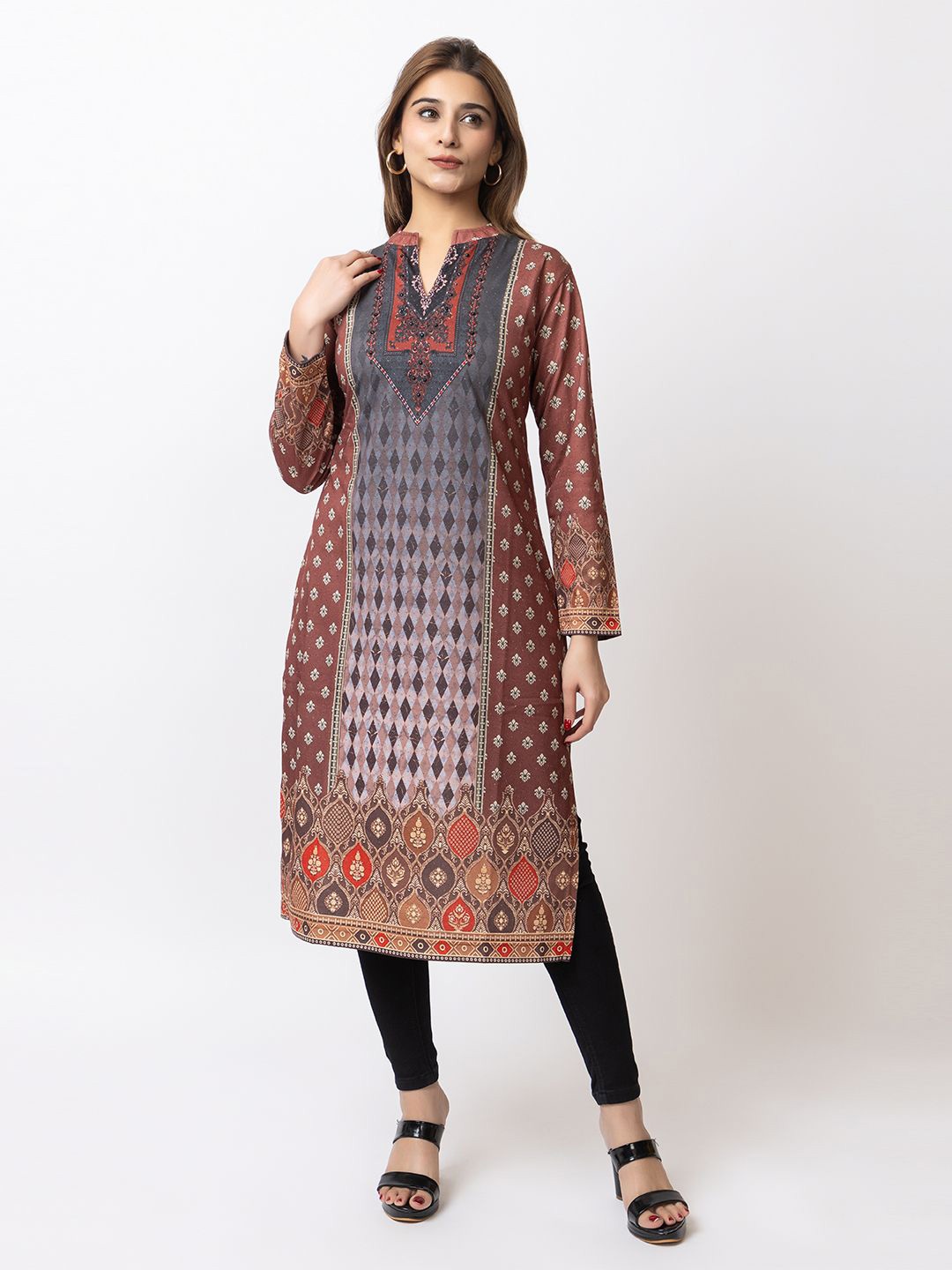 

TWENTY ME Women Ethnic Motifs Printed Mandarin Collar Cotton Kurta, Brown