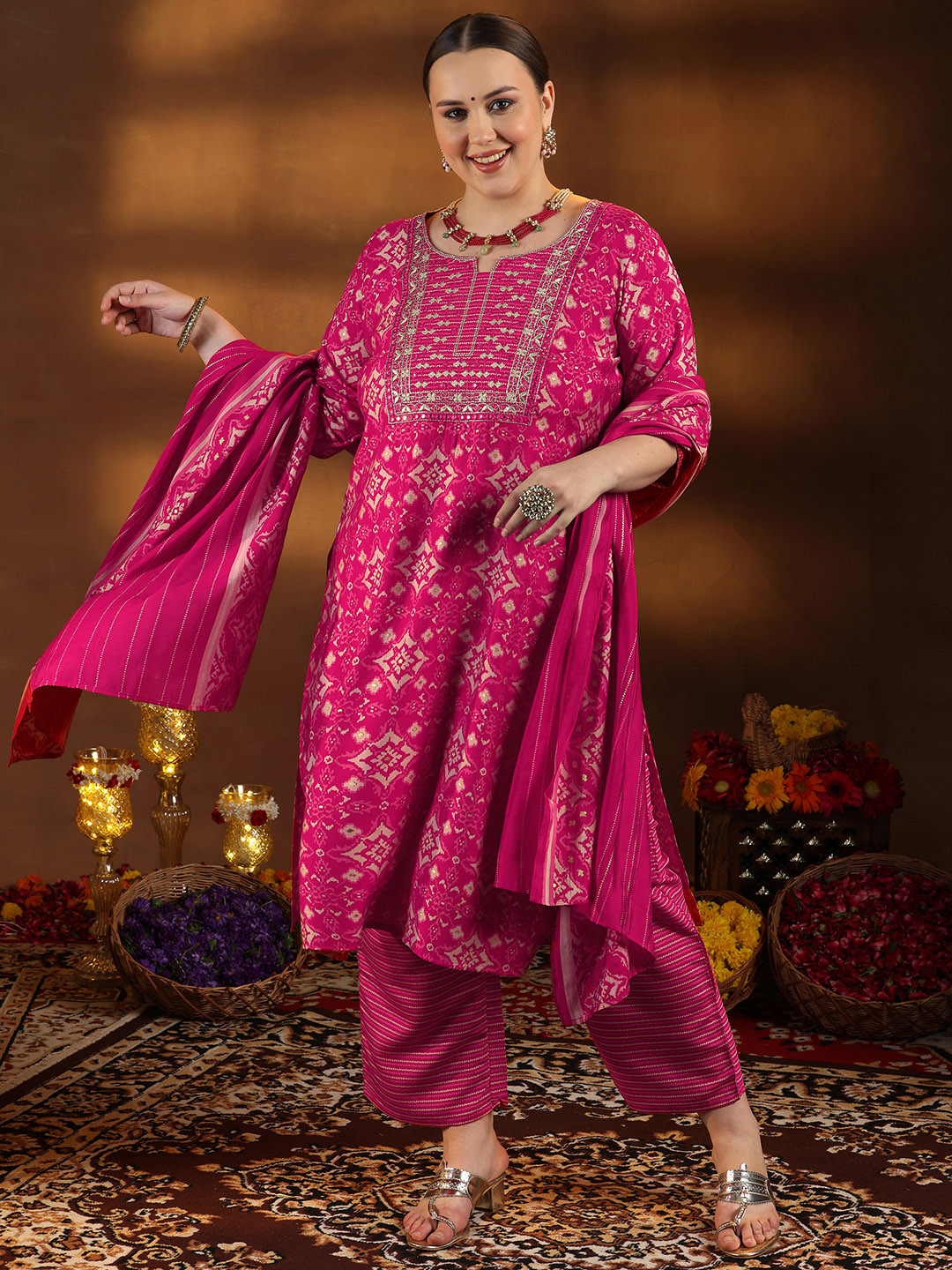 

EXTRA LOVE BY LIBAS Plus Size Ethnic Motifs Printed Mirror Work Kurta & Trouser & Dupatta, Pink