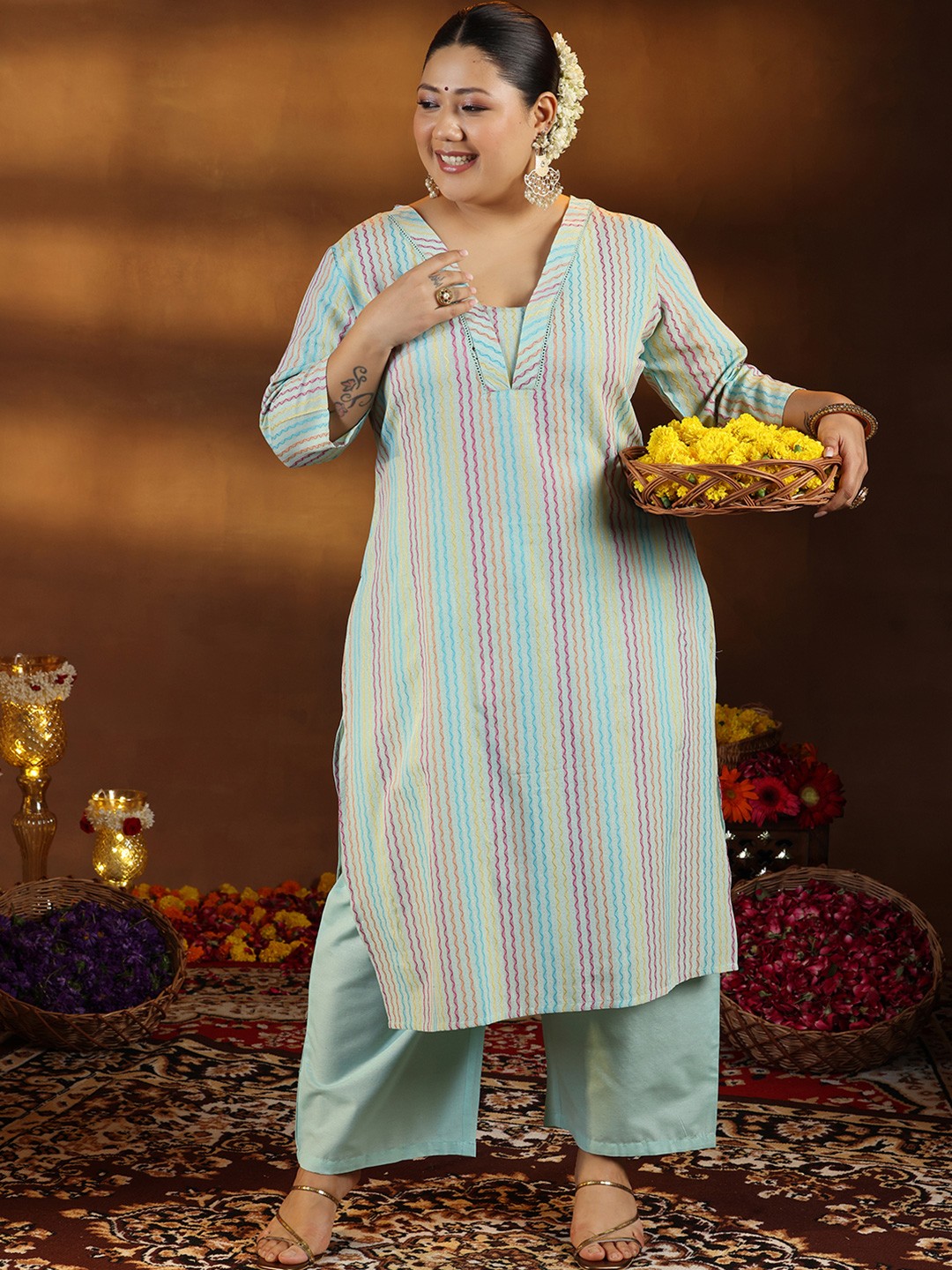 

EXTRA LOVE BY LIBAS Plus Size Striped Straight Kurta With Trouser, Green