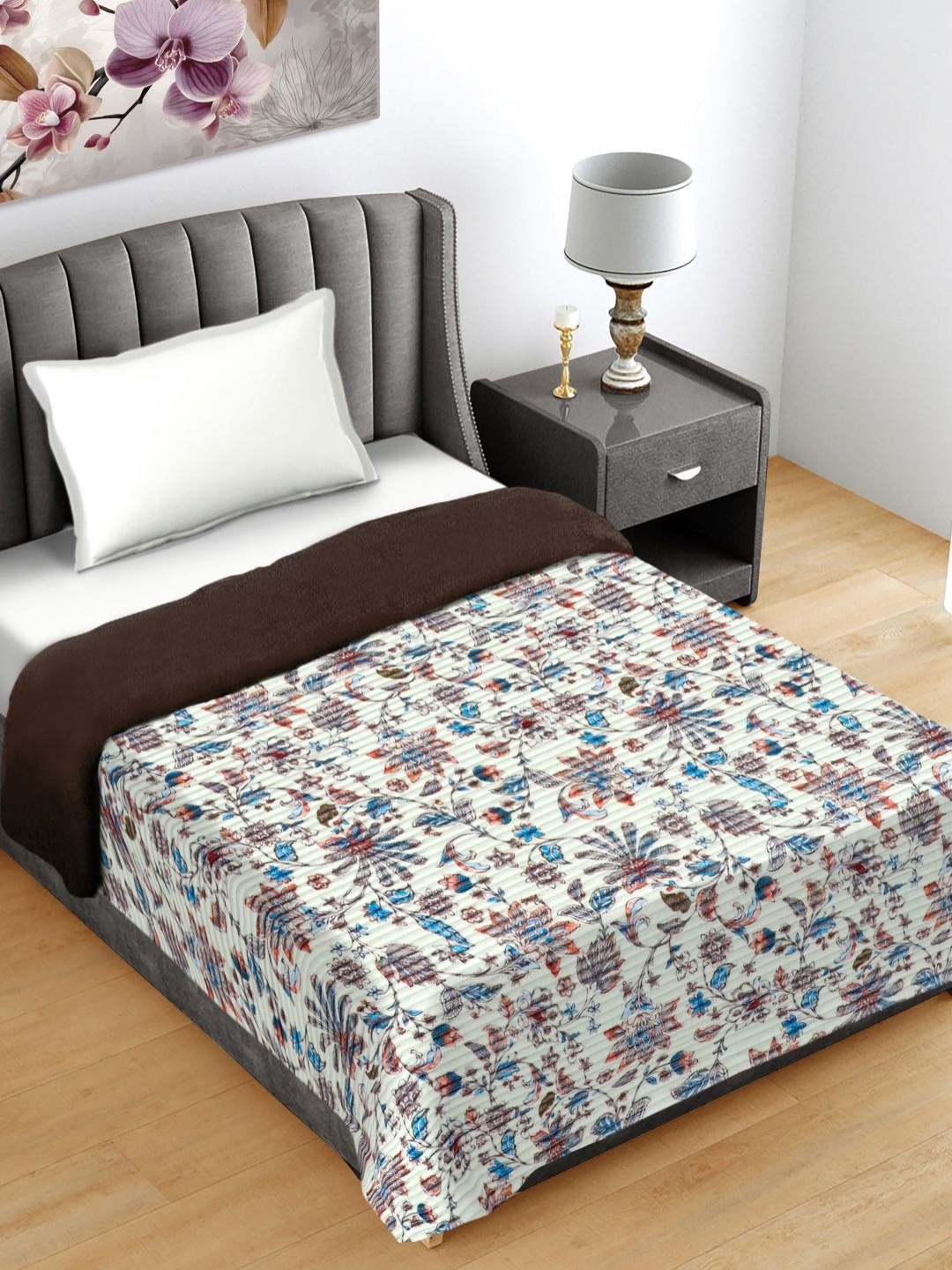 

FABINALIV Off White & Blue Floral Woollen 400 GSM Mild Winter Single Bed Comforter