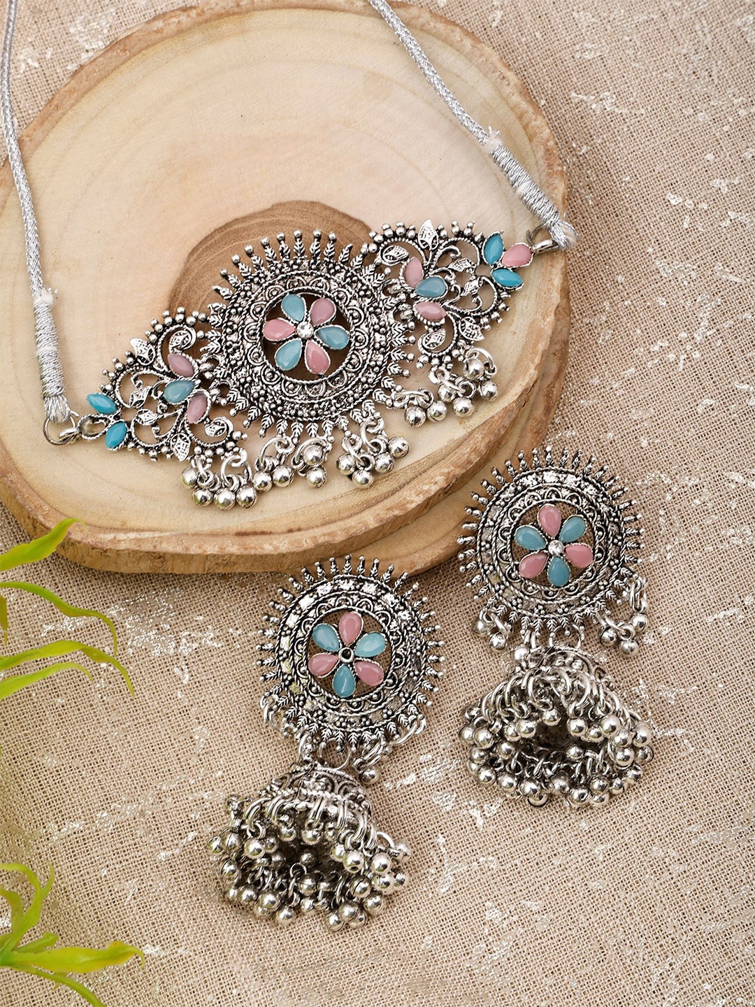 

SUNHARI Stone Studded & Beaded Oxidised Jewellery Set, Silver