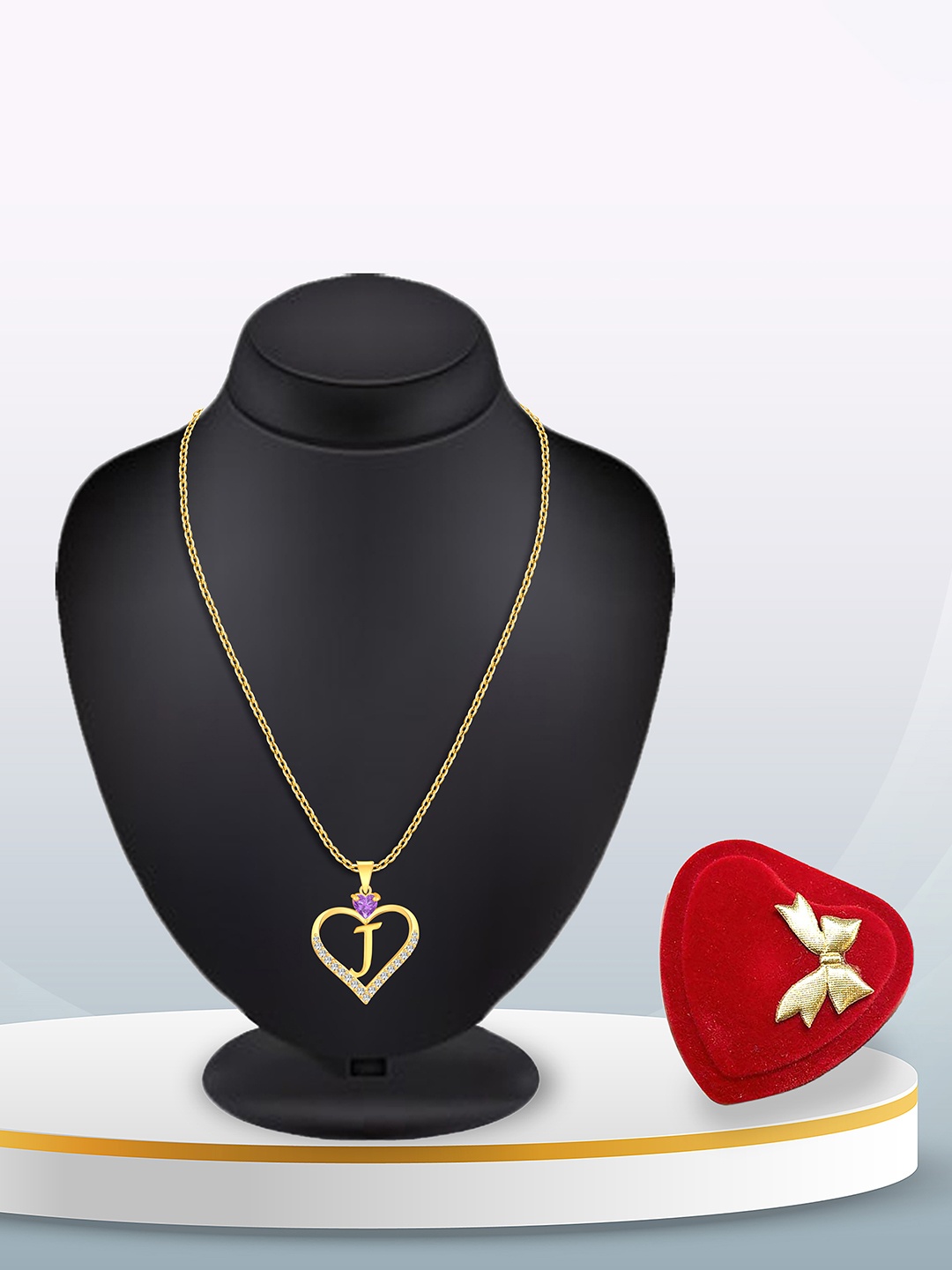 

Heer Collection Gold-Plated CZ Studded Alphabet J Heart Shaped Pendant With Chain