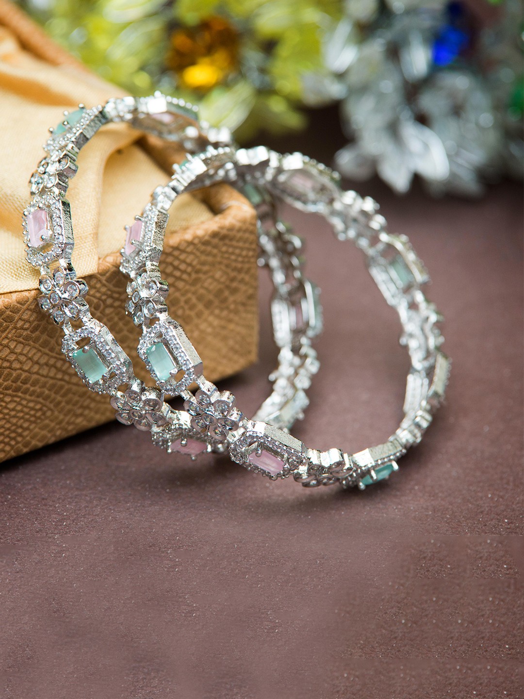 

Styled Diva Set Of 2 Silver-Plated Cubic Zirconia-Studded Bangles
