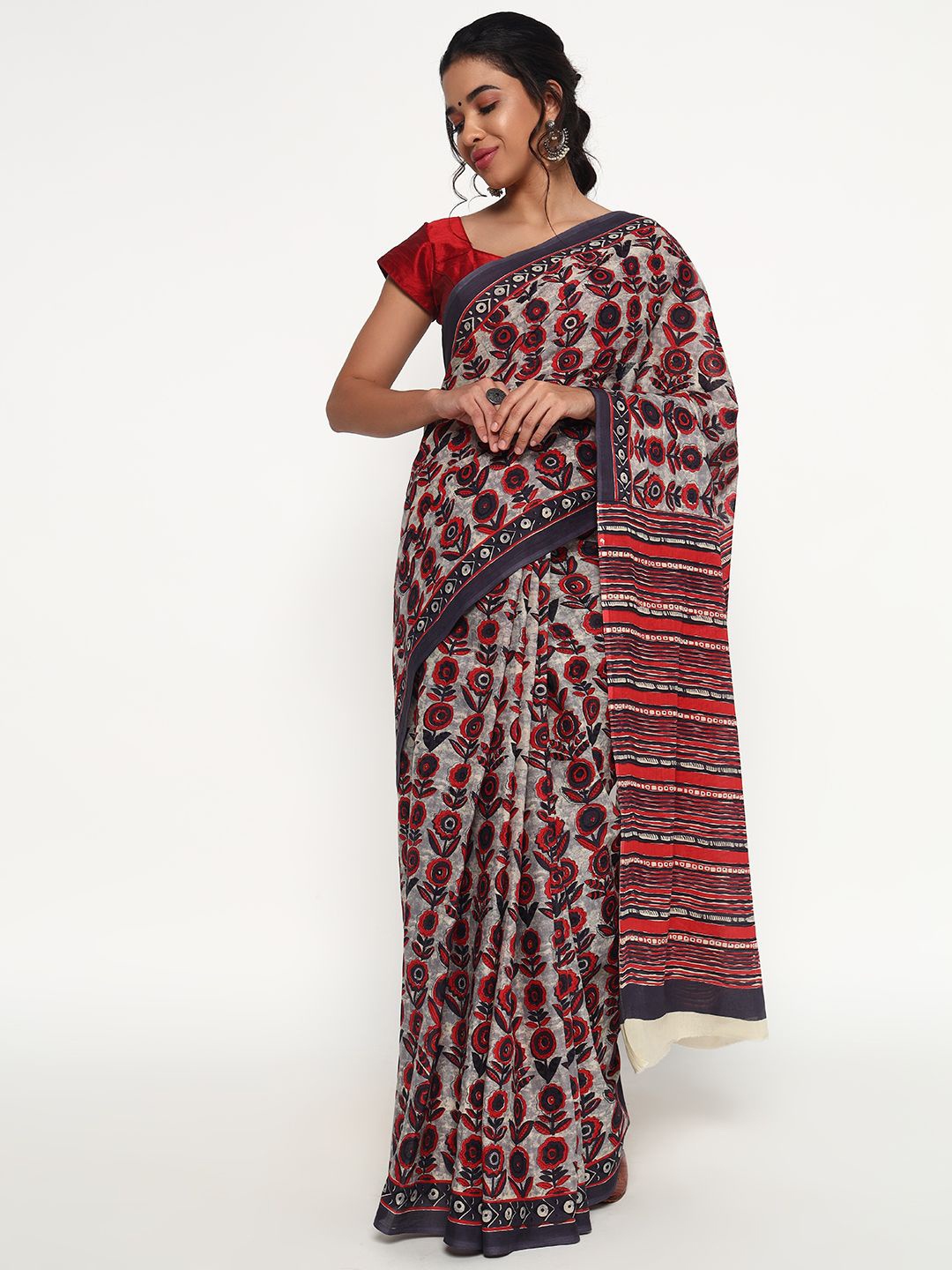 

ZARI Floral Pure Cotton Saree, Grey