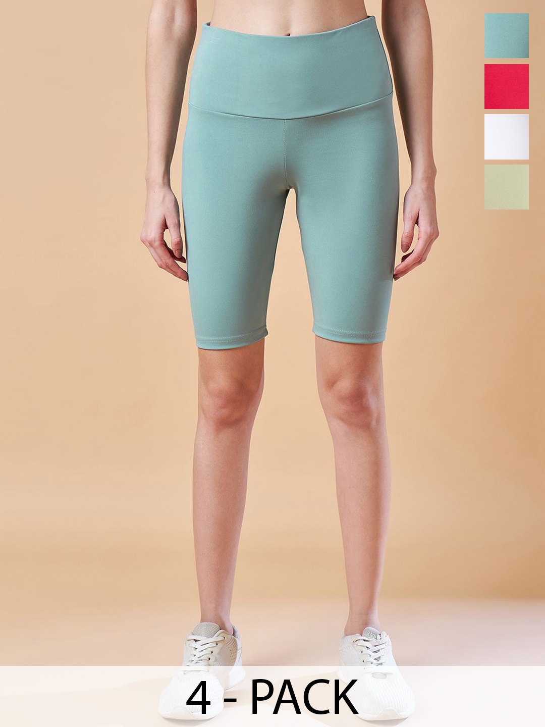 

COLOR CAPITAL Pack Of 4 Mid-Rise Cycling Tights, Green