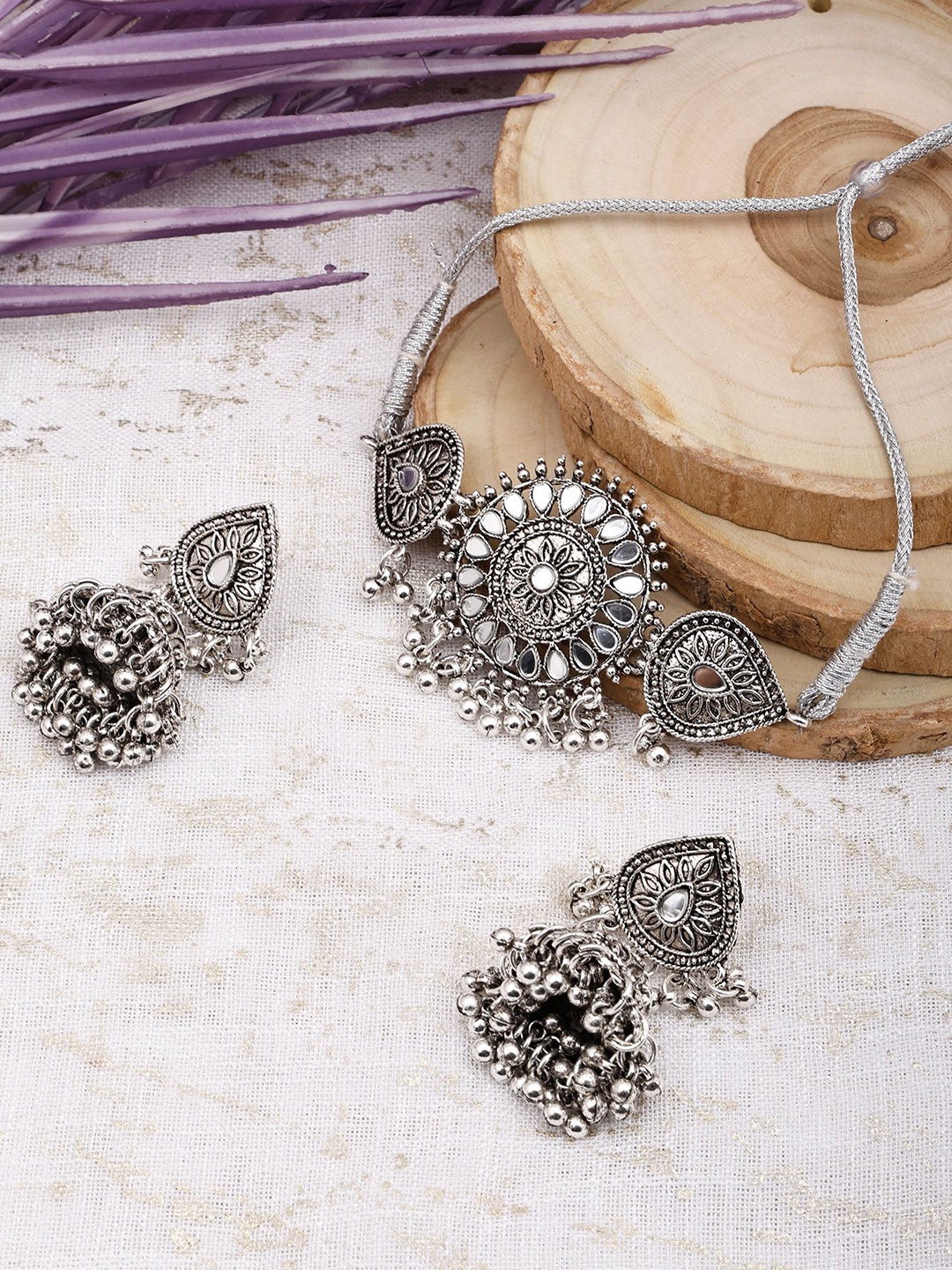 

SUNHARI Stone-Studded & Beads Jewellery Set, Silver