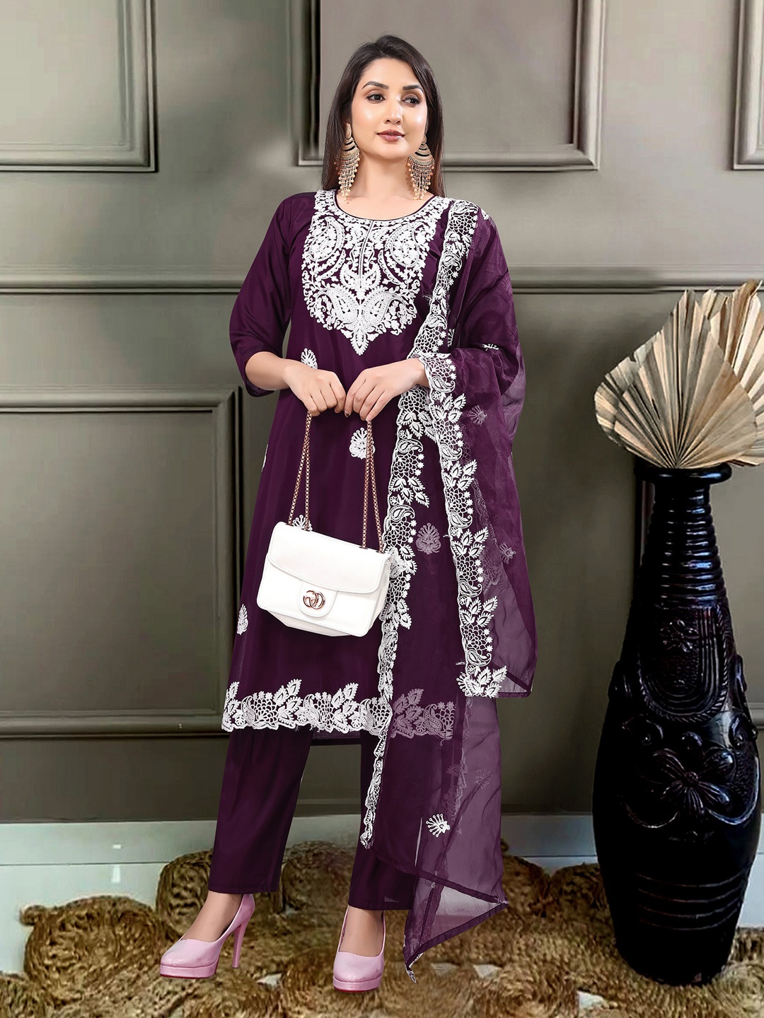 

CaniBani Embroidered Regular Chanderi Silk Straight Kurta with Trousers & Dupatta, Magenta