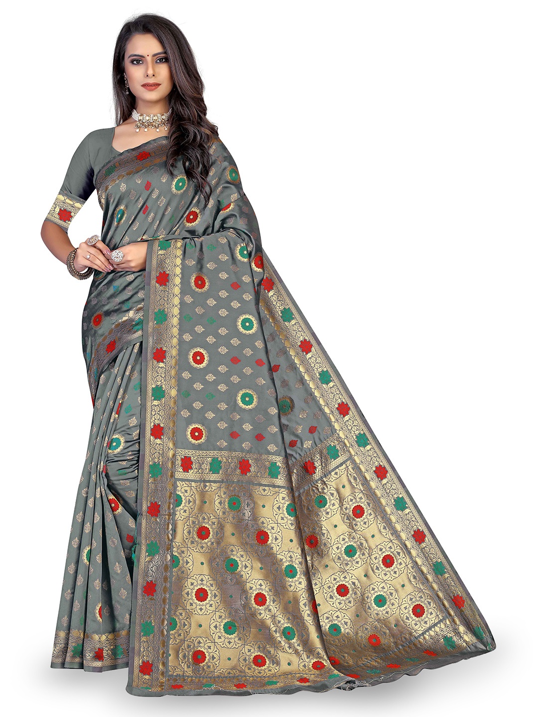 

Maroosh Floral Zari Silk Banarasi Saree, Grey