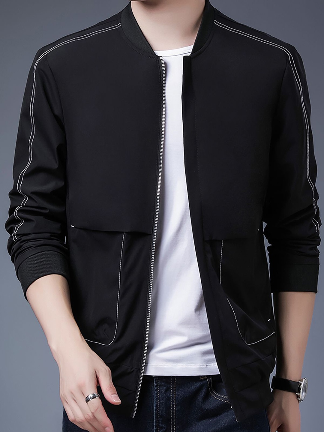 

StyleCast x Revolte Men Stand Collar Solid Casual Windcheater Jacket, Black