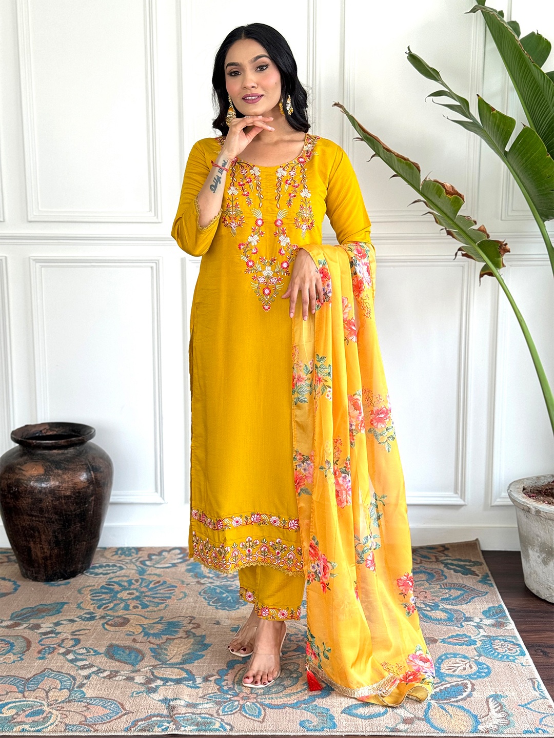 

CaniBani Ethnic Motifs Embroidered Chanderi Silk Straight Kurta With Trouser & Dupatta, Mustard