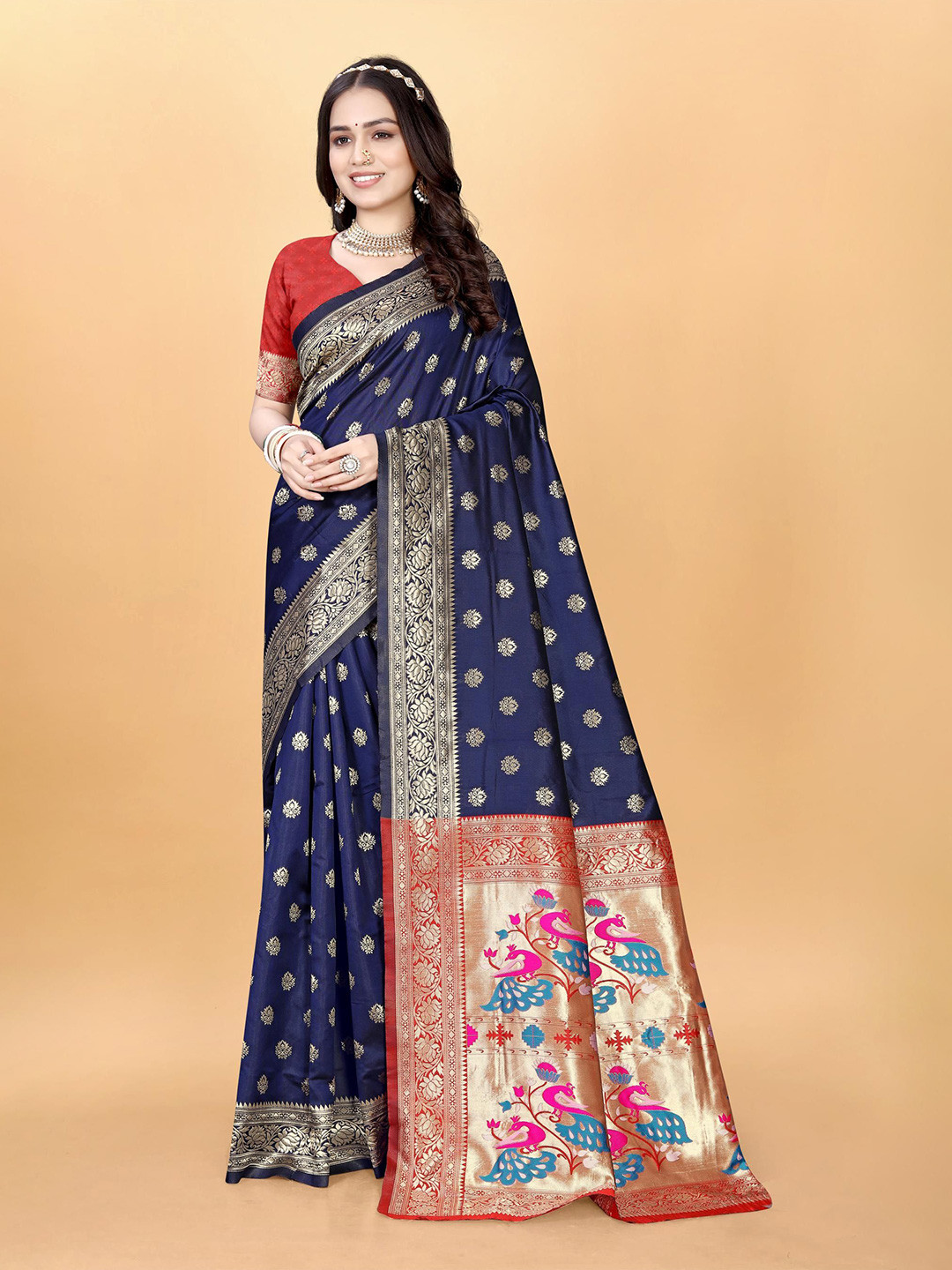

VenderVilla Woven Design Zari Paithani Saree, Navy blue