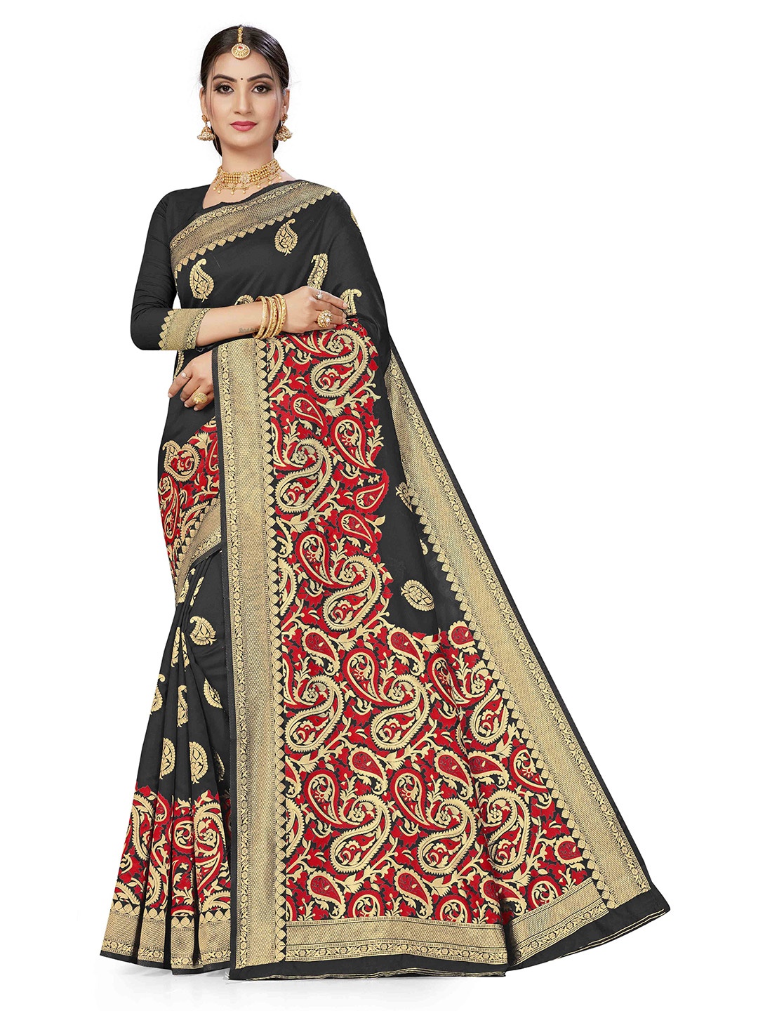 

Maroosh Women Floral Zari Silk Banarasi Saree, Black