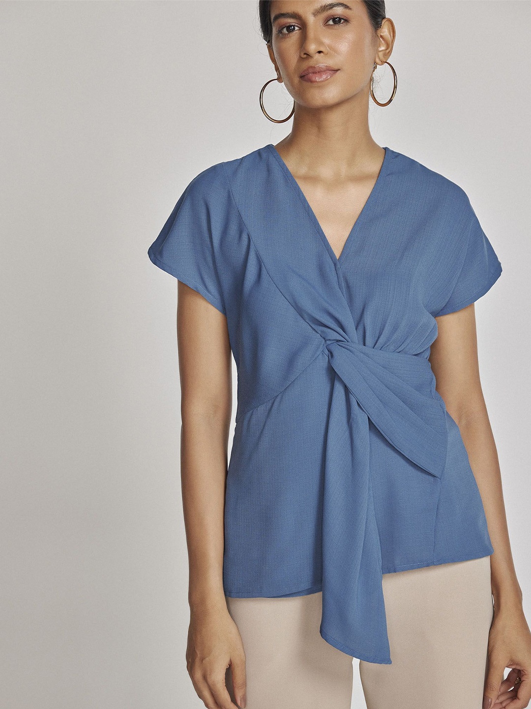 

The Label Life Women Solid V-Neck Top, Blue