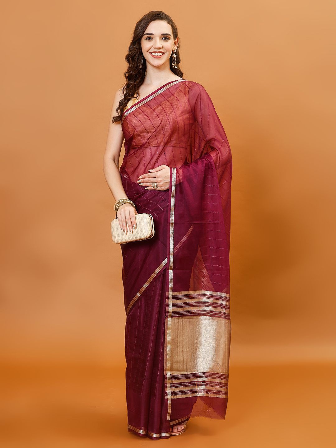 

Meena Bazaar Woven Design Zari Organza Saree with Unstitched Blouse, Burgundy