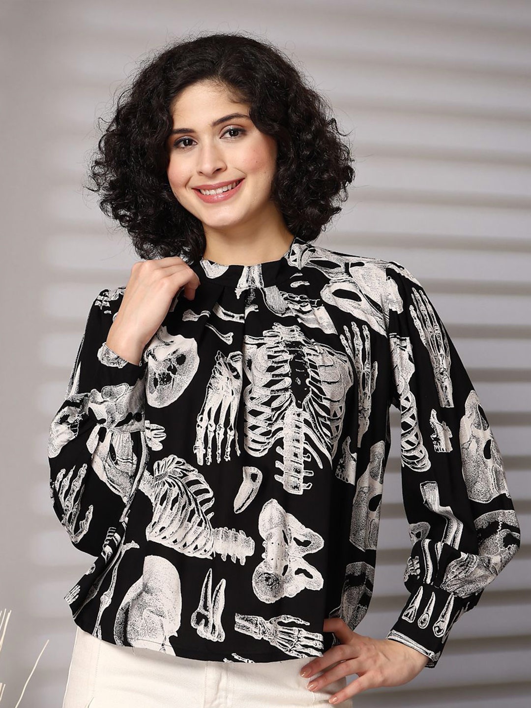 

plusS Women Graphic Printed Round Neck Top, Black