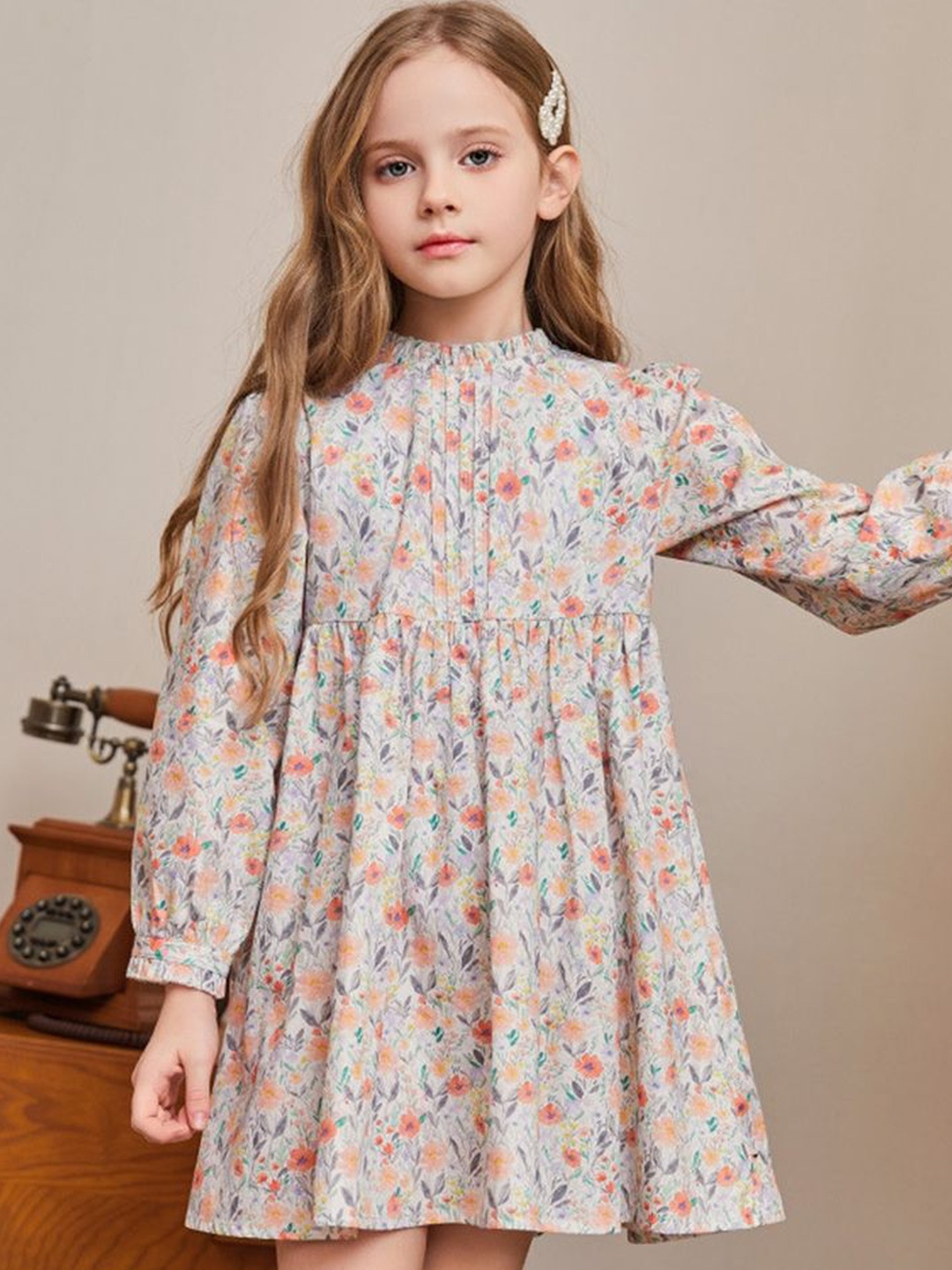 

LULU & SKY Girls Floral Printed Puff Sleeve A-Line Cotton Above Knee Dress, Off white