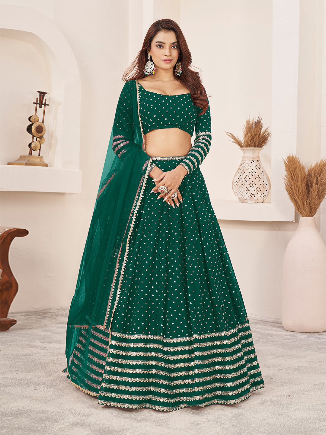 

ODETTE Embellished Sequinned Georgette Semi-Stitched Lehenga & Blouse With Dupatta, Green