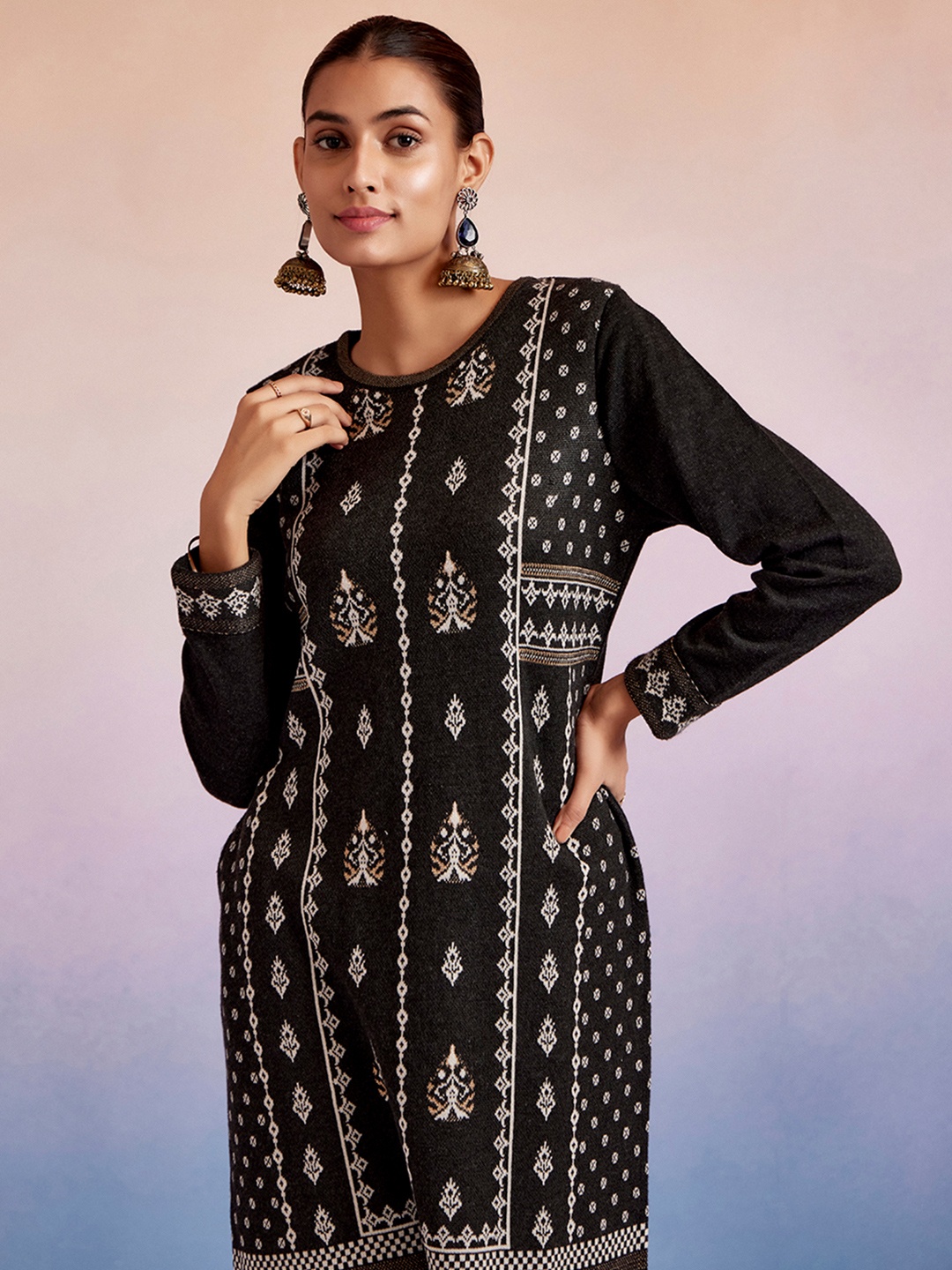 

Jaipur Kurti Ethnic Motif Printed Black Woolen Kurta Set, Charcoal