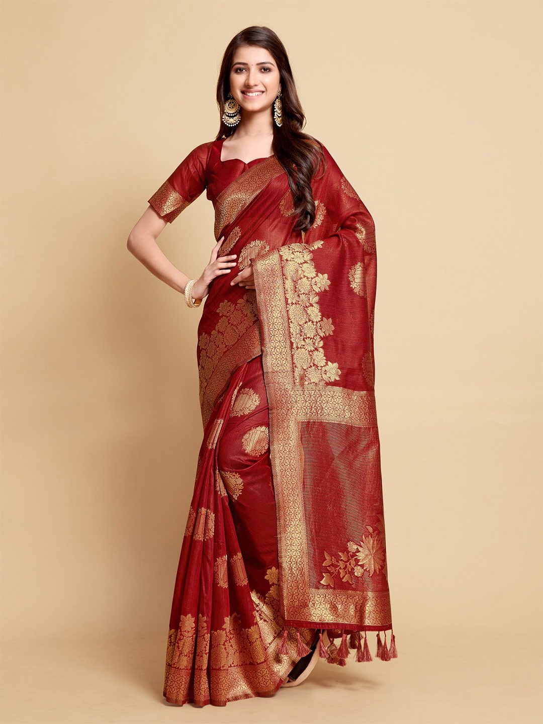 

MAHALASA Ethnic Motifs Zari Linen Chanderi Saree, Maroon