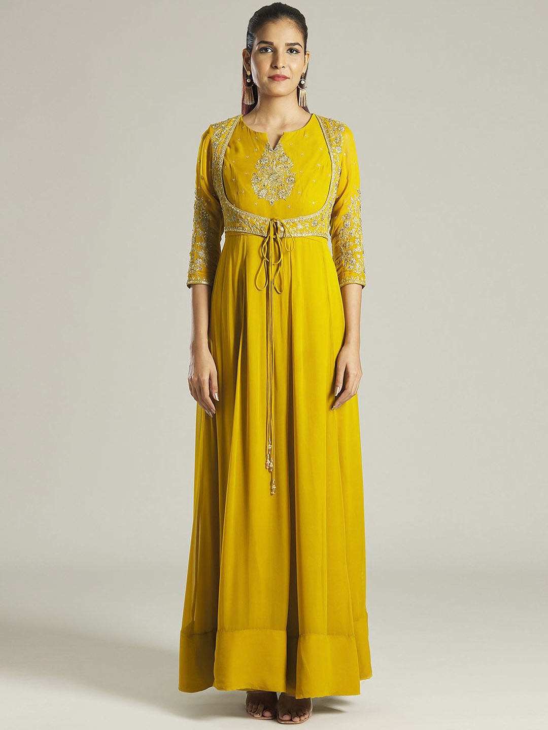 

Samyukta Singhani Aari Embroidered Yoke Fit and Flare Ethnic Dress With Dupatta, Yellow