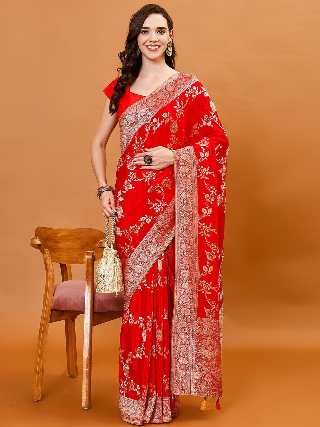 

Meena Bazaar Woven Design Zari Poly Crepe Saree with unstitched blouse piece, Red