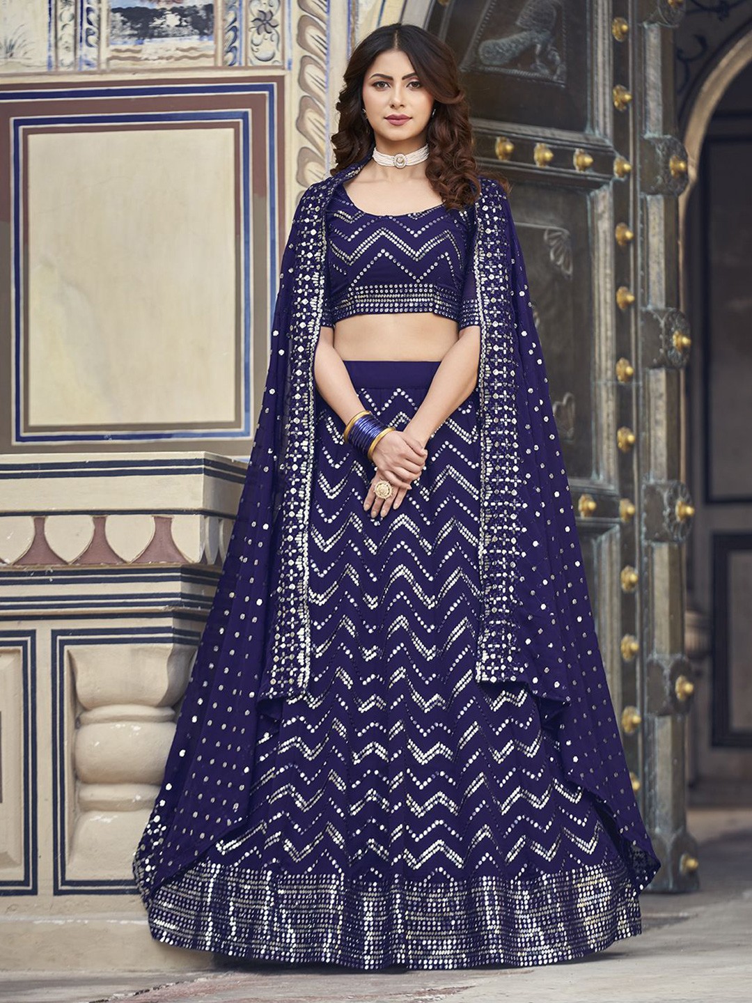 

Pink Ethnic Embellished Sequinned Semi-Stitched Lehenga & Unstitched Blouse With Dupatta, Navy blue
