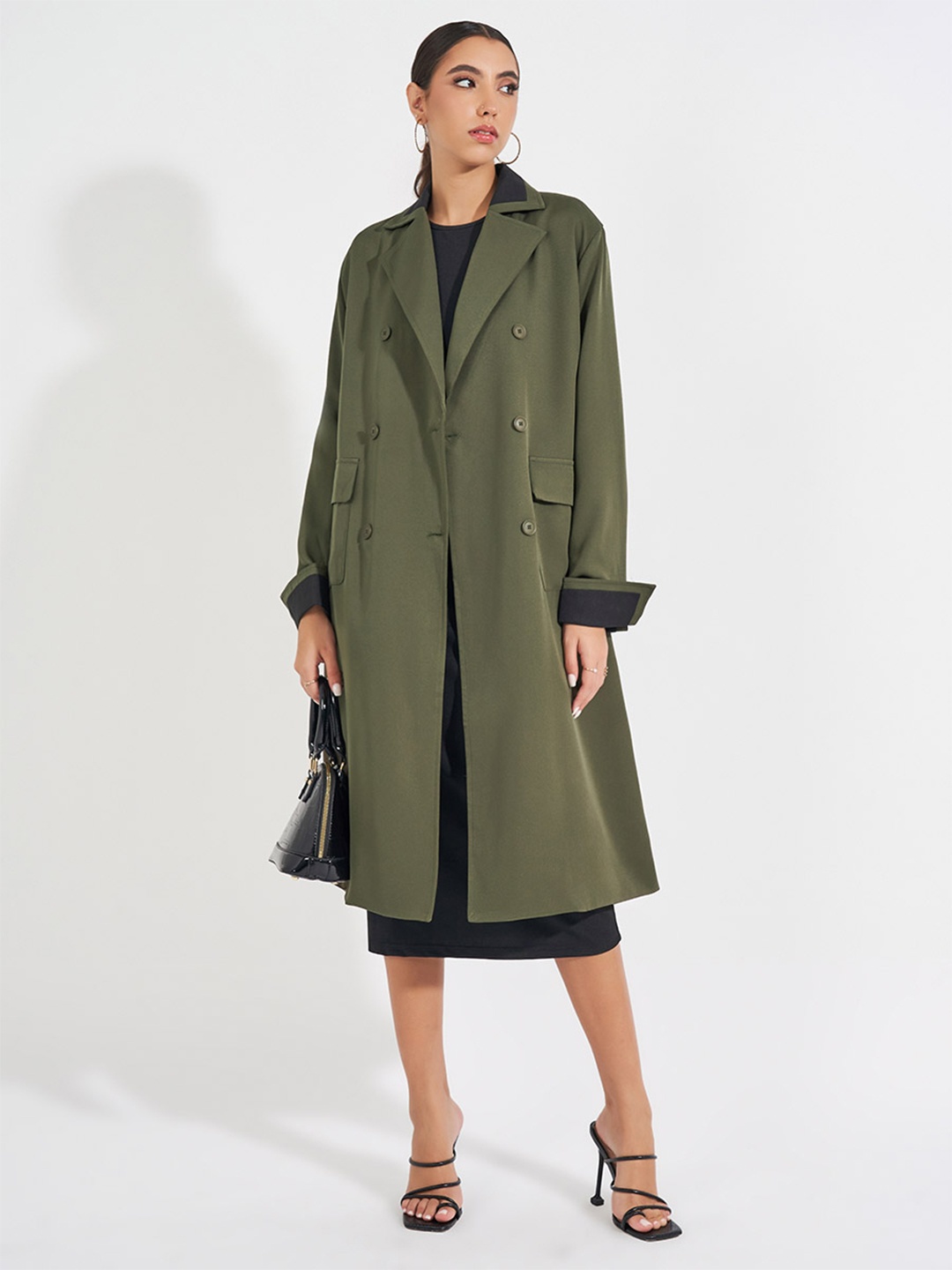 

Styli Women Oversized Fit Midi Length Double Breasted Trench Coat With Contrast Detail, Olive