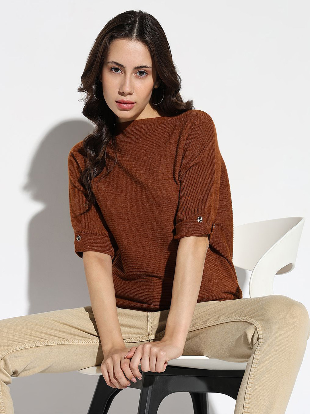 

SHOWOFF Women Self Design Boat Neck Acrylic Top, Brown