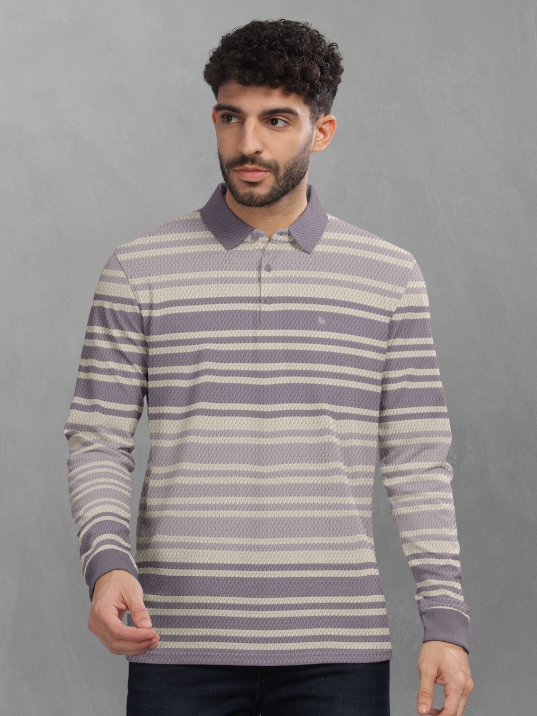 

BULLMER Men Striped Polo Collar Cotton T-shirt, Beige